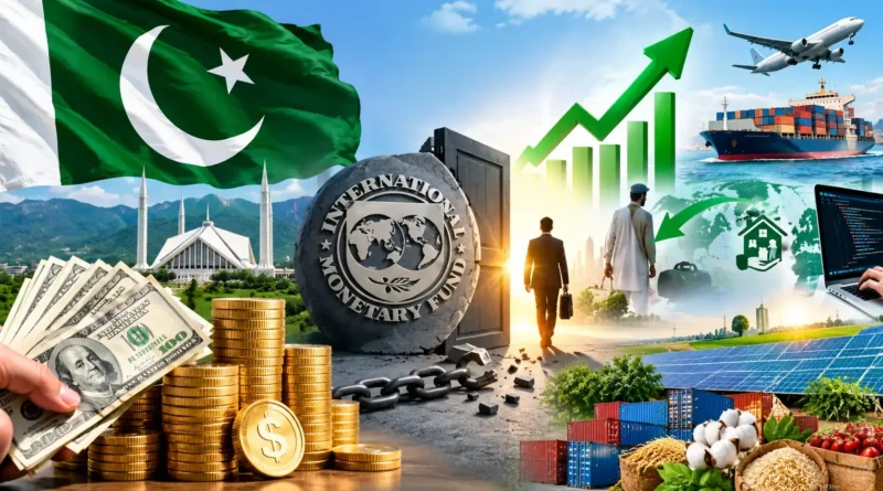 پاکستان کی معاشی ترقی، زر مبادلہ ذخائر میں اضافہ، آئی ٹی برآمدات اور آئی ایم ایف زنجیر سے آزادی کی بصری عکاسی۔