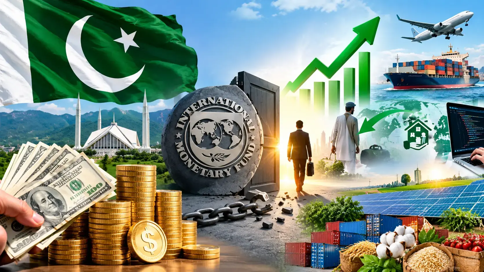 پاکستان کی معاشی ترقی، زر مبادلہ ذخائر میں اضافہ، آئی ٹی برآمدات اور آئی ایم ایف زنجیر سے آزادی کی بصری عکاسی۔